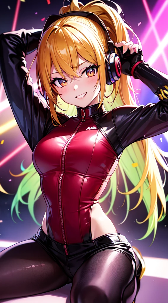 anime girl,short mini red  jumpsuit, unzip to belly, headphones,DJ turntable set,club lighting,stage,confetti,dancing,smiling,(best quality:1.2),(ultra-detailed:1.2),(realistic:1.37),HDR,vivid colors,portraits,shorts,headphone girl,energetic pose,colorful lights,stage set,confetti raining,joyful expression,dance floor ,anime style, atmosphere,techno music,electronic dance music,festival vibes,hip hop beats,festival outfit,energetic dance moves,expressive eyes,long braided hairstyle with vibrant blonde color, brown eyes, elaborate makeup neon lights,beaming smile,positive vibes,high-energy performance,stylized backgrounds,colorful visuals,excitement in the air, arms behind head, sitting, from above 