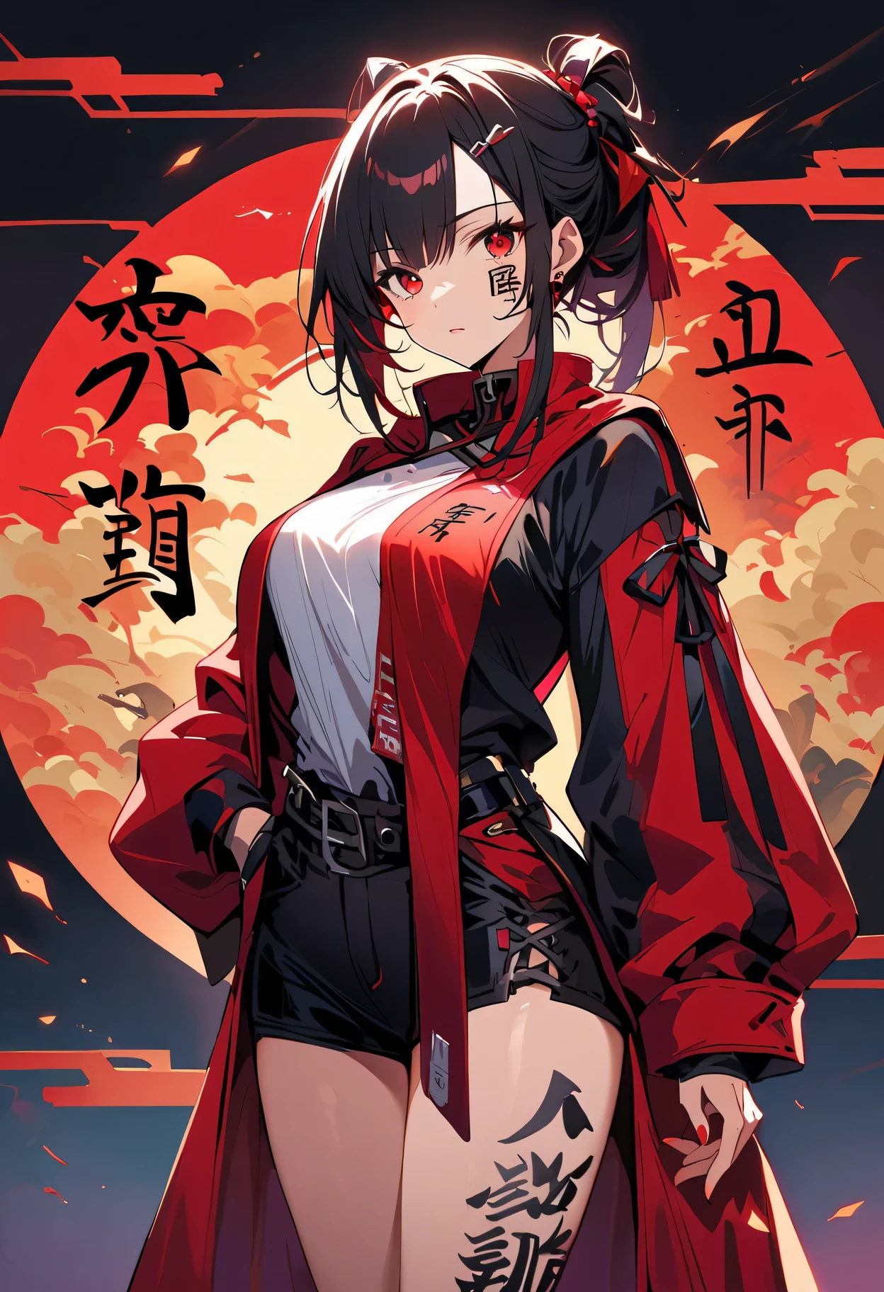 a beautiful woman, (a red eye:1.2),face tattoo(Meaningful Chinese character writing:1.1), combine elements perfectly.