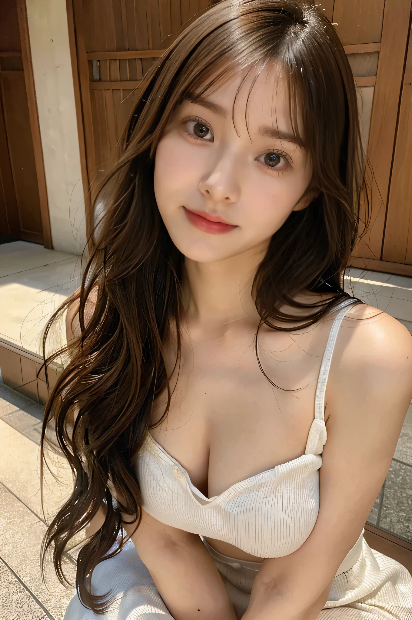 highest quality,live-action,whole bodyが映る、Kyoto、fine skin,beautiful breasts,clear、one piece、long brown hair, 8K highly detailed face,straight hair、smile、 perfect face shape,absolutely perfect lips,whole body、 beautiful body line,perfect nose、beautiful eyes,erotic expression,masterpiece, beautiful girl,Japan female, 26 years old,look up,face of shame、cool beauty、visible from head to foot、long legs、Are standing、Take a picture of your feet、perfect fingers
