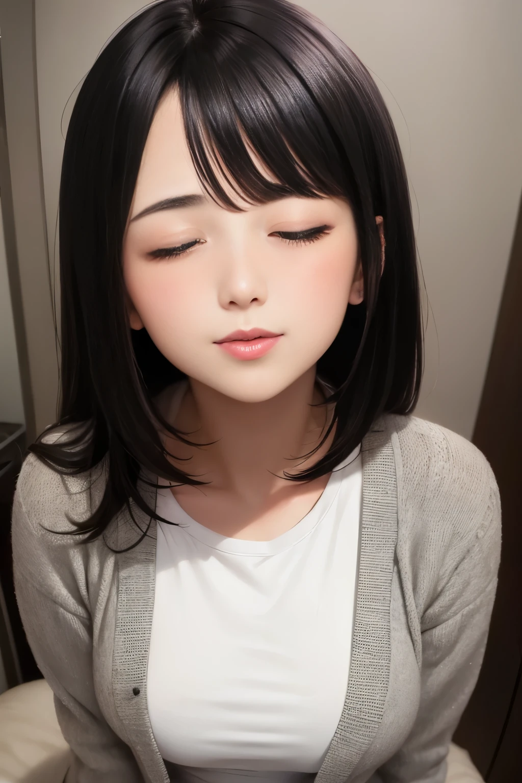 Amazing portrait of a sexy woman wearing her long straight luscious black hair, seductively gazing and smiling, soft lips, parted, blushing intensely, smiling, white t shirt, grey cardigan, baggy jeans, medium chest, perfect body