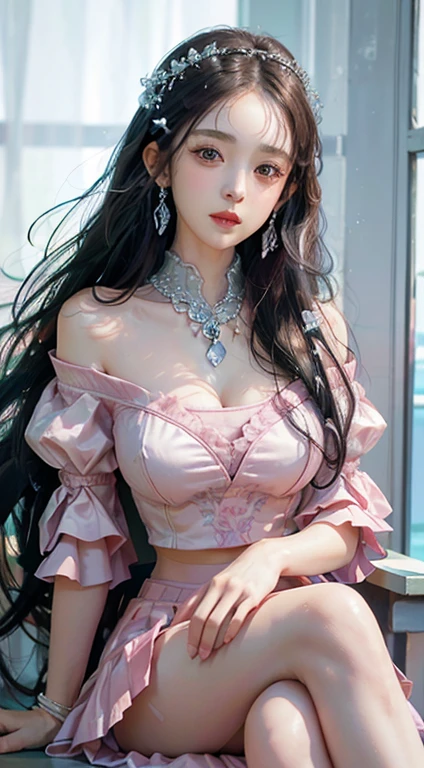 ung queen,(((Wearing a pink lace top))),Pink clothes,a Chinese-style dress,Ancient costumes often have phoenix motifs,Spotlessly clean pink white face,Black hair that is hip-high,Very nice sharp brown eyes,Small red lips,Painted lips,attractive smile,Jewelry is worn around his neck,耳Nipple Ring,Teeth are white and even, a tall nose,big round breasts,the girl's body is covered with water on chest,delicate leg,thin mesh black socks,sportrait,most realistic,HighestQuali,best pixels,8K Ultra,