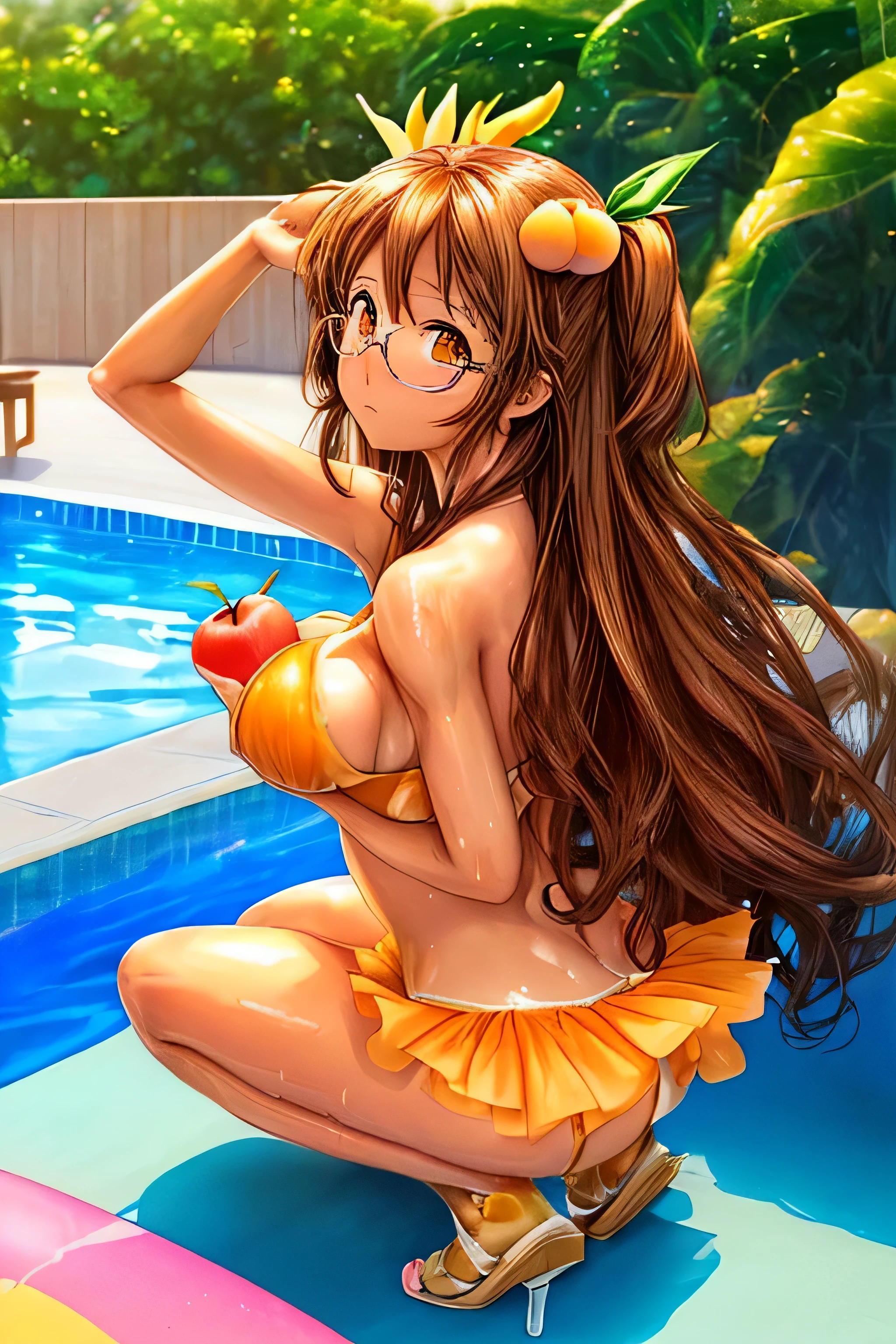 High resolution, high quality, 1 girl, anime girl, brown long hair, brown eyes,heart-shaped pupil, Green glasses, tanned skin, big breasts,beautiful breasts, (big ass),beautiful butt,White high leg water wear,squat,(drink a lot of juice),(inflate one&#39;s stomach),(Apple juice),(peach juice),(lemonade),(lemon juice),(orange juice),(mango juice),(Binapple juice),(water),By the pool