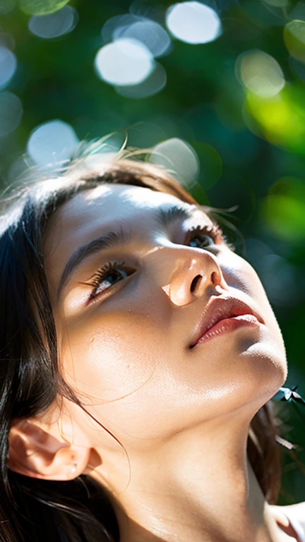 {top-quality}, {{masterpiece}}, {extremely delicate and beautiful},Outstanding light and shadow, highly detailed wallpaper,Clear and bright sunlight,1girl in,lightly dressed、Gaze staring at the sky,red blush,Strong sunshine,delicate and messy hair,realistic skin textures, Pronounced pores and skin wrinkles,tropical rainforest,((strong light shines on the face)), toned hips