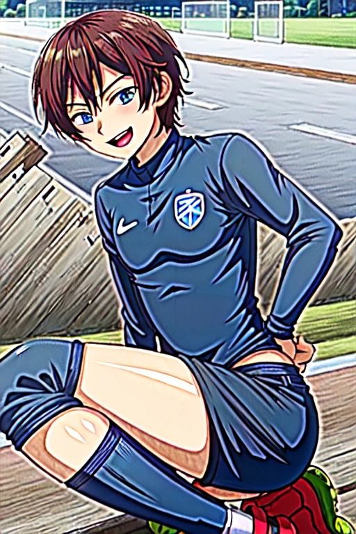 (((official art,Ultra-fine illustration,High resolution, 最high quality,最high quality:1.4)))high quality, become familiar with, (little boy),12 years old, A young ace striker male idol with a super cute face,A boy as beautiful as Planding, long legs, thighs, feet, (There is no swelling in the chest), (black hair、short hair)、(tight soccer uniform bodysuit), (tight and shiny spats), (soccer socks), lawn area, (厚いthighs)、(((soccer field in the park)))、((Saucy、))、grin and laugh、feetを広げて,Ultra-fine painting, ,service shot、bulge in crotch、(((Soccer ball in the crotch))),(((Vulgarity)))