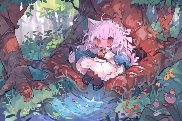 #quality(8k,best quality,masterpiece,cinematic),pastel color,#2girls(chibi,cute,kawaii, white hair,short hair,cat ear,white dress,hairbow,red eyes,big eyes,surprized,skin color white,looking at the tree),#background(the old big great tree,forest,dappled sunlight)