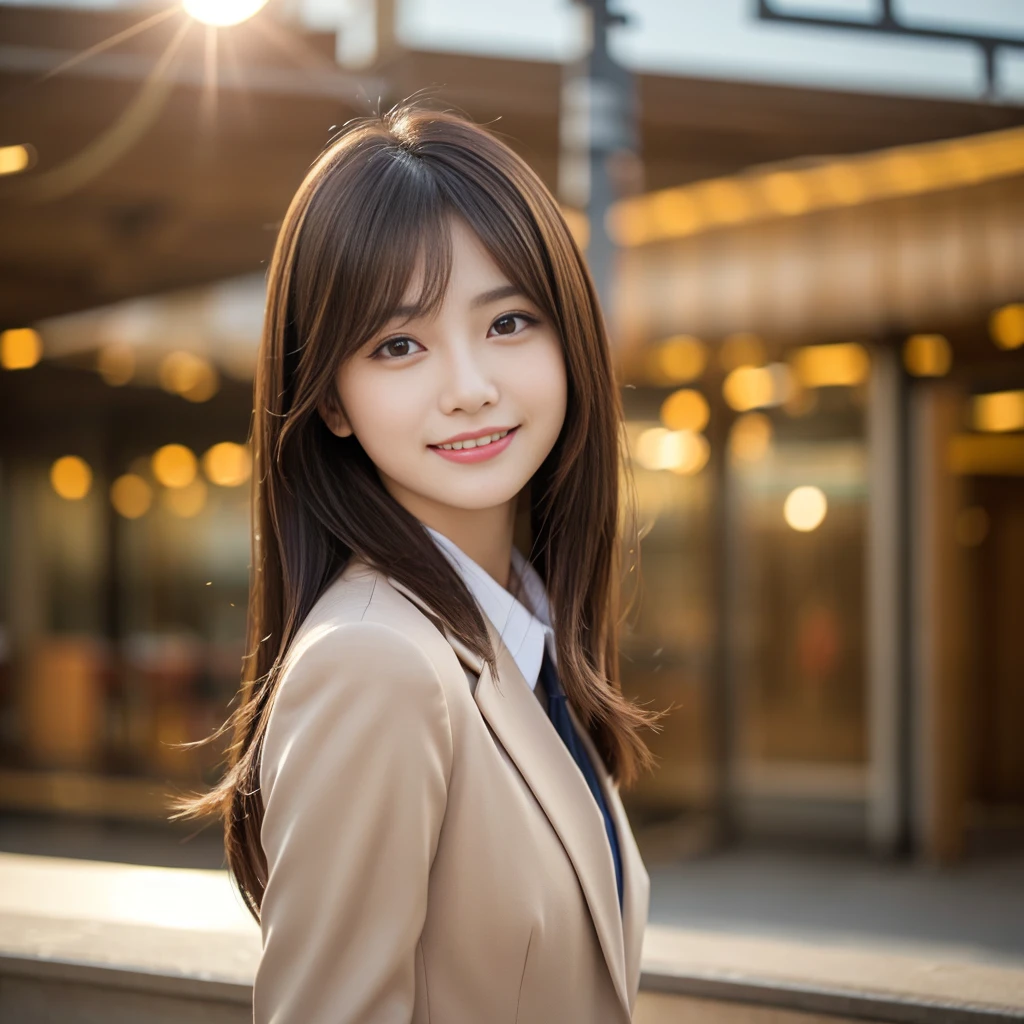 table top, highest quality, realistic, Super detailed, finely, High resolution, 8k wallpaper, cinematic lighting、1 person、beautiful japanese woman、30 years old、light brown straight bob hair, wearing a business suit, (blurred background、station platform、noon、Light of the sun)、sharp focus, perfect dynamic composition, narrow eyes:1.5, finelyて美しい目, thin hair, Detailed and realistic skin texture, (Smile:1.3), (head tilt), close-up portrait, model body shape