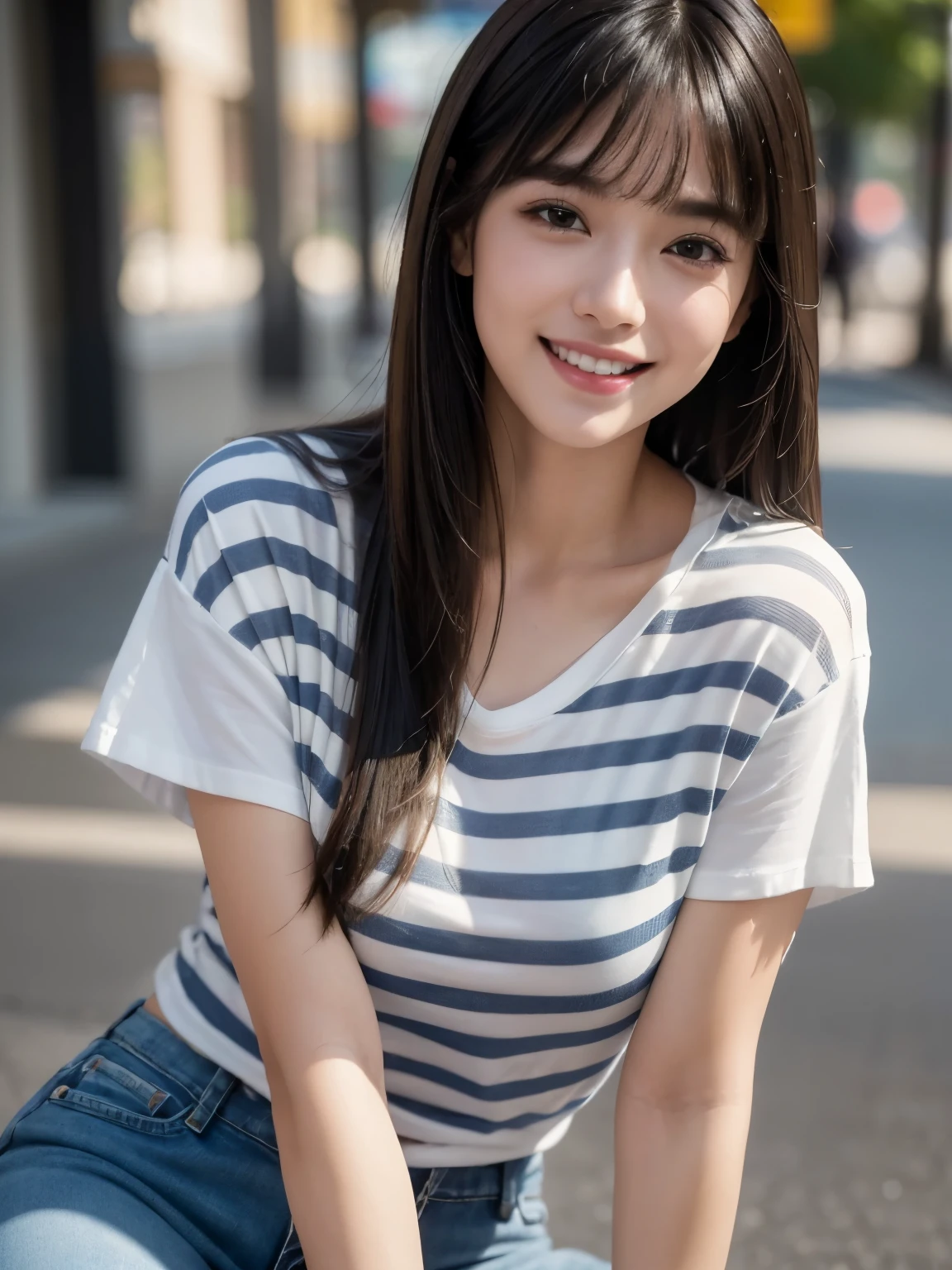 (highest quality,masterpiece:1.3,ultra high resolution),(Super detailed,caustics),(realistic:1.4,RAW shooting),1 girl,flat bangs、look at the camera with a smile、Blurred background、Wearing loose-fitting denim pants、He is wearing a striped U-neck T-shirt.、