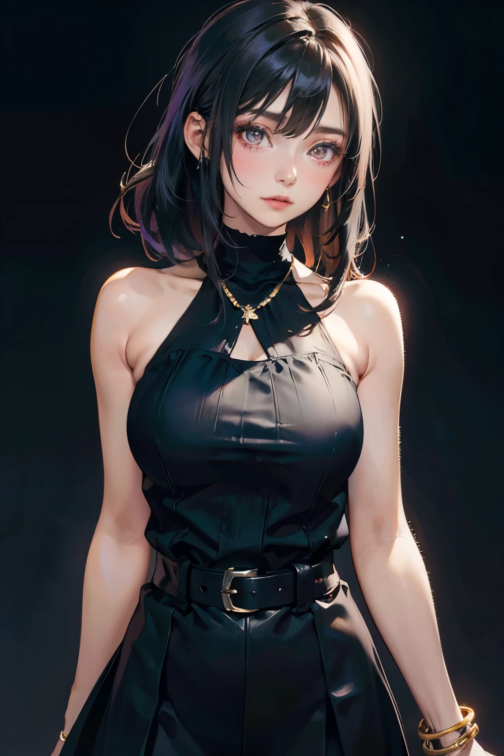 a 20 yo woman、Black blue Hair、poneyTail、(hi-top fade:1.3)、dark themed、Muted Tones、Subdued Color、highly contrast、(natural skin textures、Hyper-Realism、Soft light、sharp)、makeup, mascara, Lips are subdued or colors, simple black background, Minimalism, monotone, simple color palettes, Clean, sharp designs, flowing silhouettes, Tight skirts and pants, high-waisted skirts and pants, simple dresses, shirts and blouses, asymmetrical, geometric, Elegant and luxurious materials and designs, Simple, minimal accessories, Slim necklaces and rings in silver or gold, Simple bangles, Distinctive designs, simple silhouettes, simple and sophisticated style, elegance, minimalism, high quality materials, cool and urban impression, high fashion, simplicity and sophistication,
