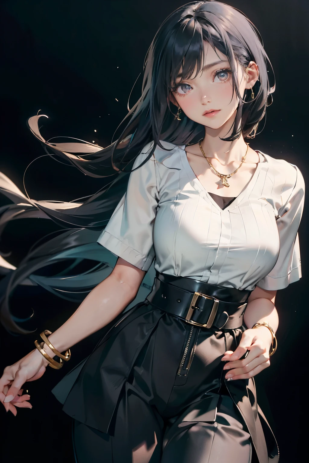a 20 yo woman、Black blue Hair、poneyTail、(hi-top fade:1.3)、dark themed、Muted Tones、Subdued Color、highly contrast、(natural skin textures、Hyper-Realism、Soft light、sharp)、makeup, mascara, Lips are subdued or colors, simple black background, Minimalism, monotone, simple color palettes, Clean, sharp designs, flowing silhouettes, Tight skirts and pants, high-waisted skirts and pants, simple dresses, shirts and blouses, asymmetrical, geometric, Elegant and luxurious materials and designs, Simple, minimal accessories, Slim necklaces and rings in silver or gold, Simple bangles, Distinctive designs, simple silhouettes, simple and sophisticated style, elegance, minimalism, high quality materials, cool and urban impression, high fashion, simplicity and sophistication,