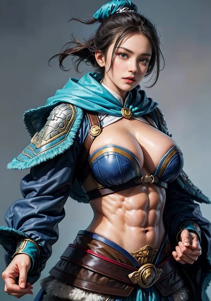 1 girl,upper body,lightcyan chinese armor,(((gigantic breasts,abs))),((shaggy cut))