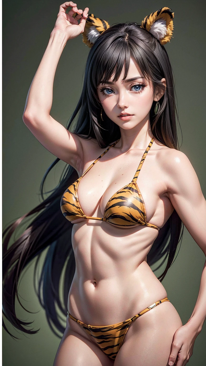 ((最high quality, 8K, masterpiece: 1.3, Ultra HD, high quality, 最high quality, High resolution, realism)) 、(high color saturation:1.0), (highly detailed skin), (最high quality:1.0), (超High resolution:1.0) ,(realistic:1.0), (Super detailed:1.0), (8K, Raw photo:1.1), slender、Slender, muscular body that's toned like an athlete's、Urusei Yatsura no Ram-chan、Wear a tiger print micro bikini、long hair、hair color is green、pastel green background
