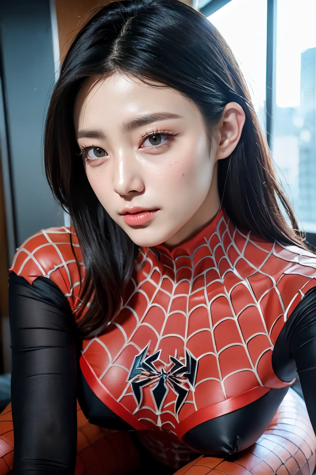 (best quality,ultra-detailed,realistic:1.37), digital illustration, (sexy woman wearing a Spiderman costume), detailed eyes and face, beautiful detailed lips, sexy body, long eyelashes, big breasts, Close-up photo, torn costume revealing breasts, long hair, ((Take a photo from below the thigh)),vibrant colors, dramatic lighting, comic book style, seductive pose, skyscraper background, dark sky, tall buildings