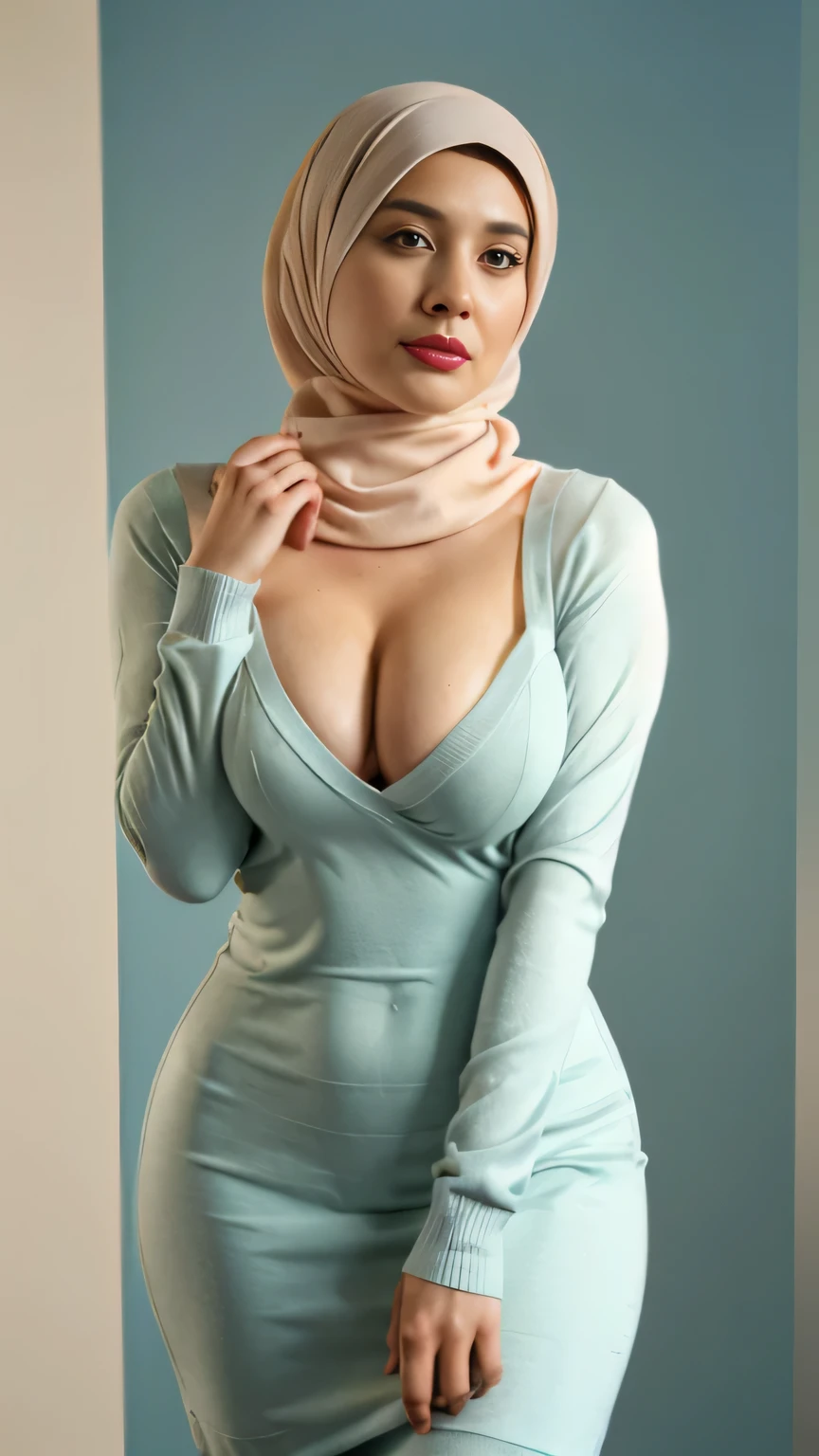 Vogue style photo shoot of malay matured woman in hijab with pastel colored background in Wes Anderson style, hyper - realistic photography, Wes Anderson style, full body, 8k, wlop, cleavage, cleavage cutout, dress cutout, green background, hijab, high resolution, juliet sleeves, long sleeves, nier (series), nier automata, fluffy sleeves, red lips, shadow face, hijab, solo, turtleneck sweater, upper body, sky, white fox ears, white fox tail, nine-tailed fox, 