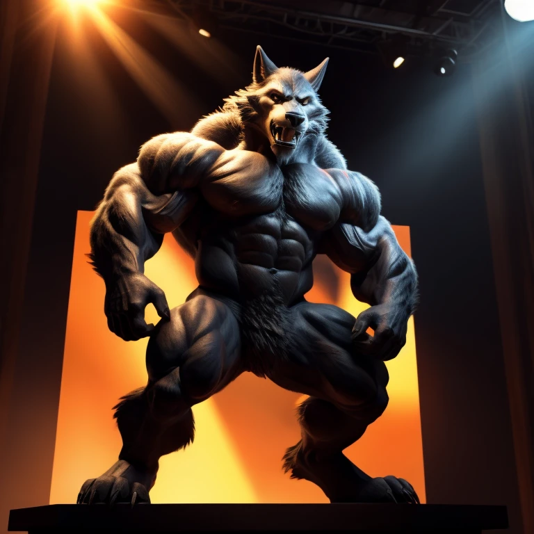 A powerful and strong werewolf, [Lobo poderoso y fuerte], stands in an idle position with his full muscular body on display. His face shows pleasure as he gazes at the viewer, his intricately detailed eyes full of expression. This 3D render boasts the highest quality, showcasing every muscle fiber and delicate detail of his beefy frame. His fur, a mix of light and dark hues, is rendered with unparalleled realism, creating a masterpiece that trends on ArtStation. The dramatic scene is set against a backdrop of a bright room with lens flare effect, adding to the dynamic and expressive feel of this masculine and happy character.