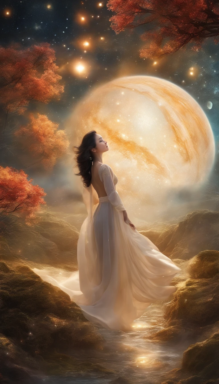 A creative and visually descriptive representation of the planets, Different styles and variations to captivate your imagination。壮大な宇宙space。number of glittering lights々。shining star々in、beautifully、mysterious、Attractive Asian Woman。
magical colors of the universe, rice paper texture, Digital ink, Venus. space. From wet cloud to wet cloud。realistic。fantasy。