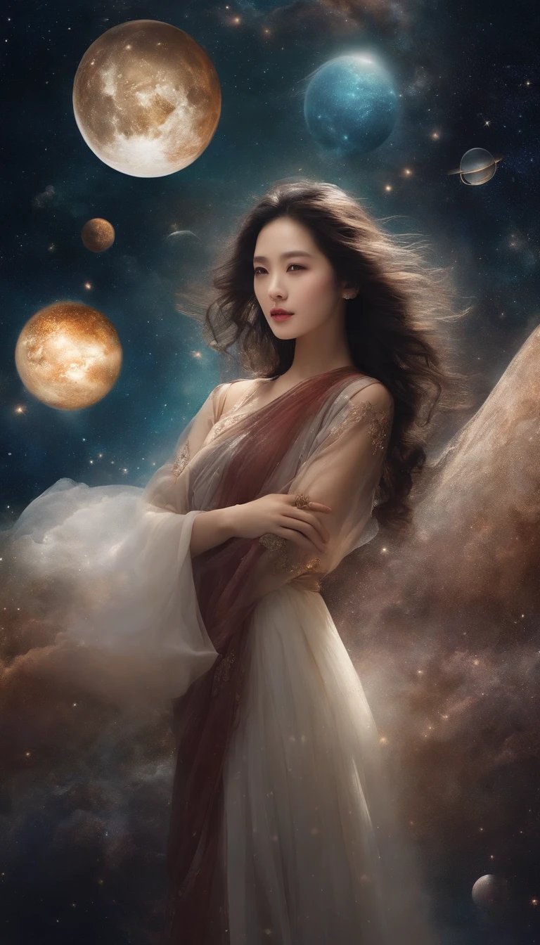 A creative and visually descriptive representation of the planets, Different styles and variations to captivate your imagination。壮大な宇宙space。number of glittering lights々。shining star々in、beautifully、mysterious、Attractive Asian Woman。
magical colors of the universe, rice paper texture, Digital ink, Venus. space. From wet cloud to wet cloud。realistic。fantasy。
