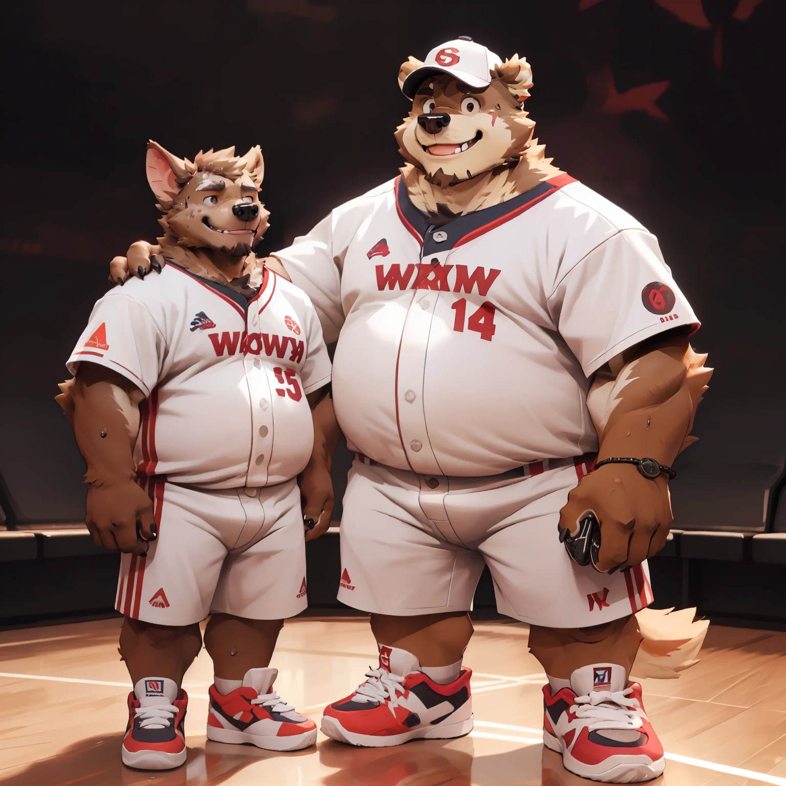 New Jersey 5 Hairy, Bear，full body portrait, male,exquisite， chubby，thick arms，plush fur，front，stand，baseball cap，red and white striped shirt，white shorts，sneakers，bat，stand，sweating，Smile