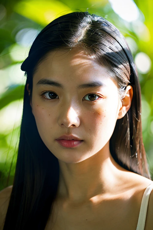 {top-quality}, {{masterpiece}}, {extremely delicate and beautiful},Outstanding light and shadow, highly detailed wallpaper,Clear and bright sunlight,1girl in,lightly dressed、Wandering gaze,red blush,Strong sunshine,delicate and messy hair,realistic skin textures, Pronounced pores and skin wrinkles,tropical rainforest,((strong light shines on the face)), The upper part of the body
