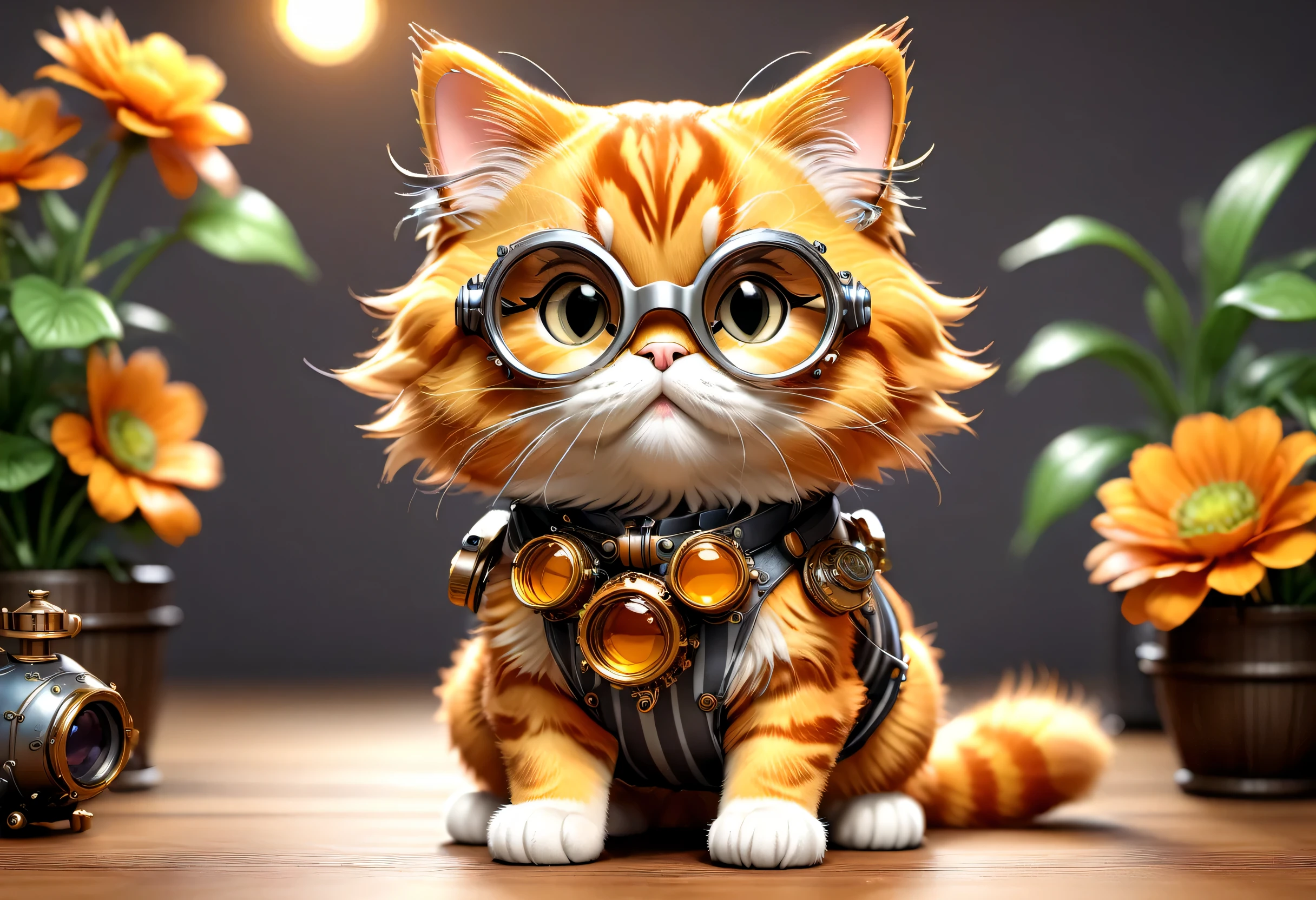 (Garfield：1.8)，orange fur，striped，bearded，pockmark，pointed ears，Small Eyes，obesity，Cute Garfield cat wearing goggles, Steampunk style, CG rendering, Small animals, 4K, simple, aesthetic (3d, cute big breasts, chibi style), ((Perfect high-detail images)), Ultra-realistic rendering of details, strike an elegant pose, professional lighting, intricate details，(smooth texture), (Exquisite and meticulous), Orange and gray body, sit on the floor, happiness, 3d, C4D, mixer, Octagon rendering, simple backgound, (Simple background :1.1), A masterpiece of pastel colors, soft material, best quality, super detailed, high quality, 4K, (3d, cute big breasts, chibi style), ((Perfect high-detail images)),Detail Master 2,best quality,super detailed,beautiful eyes,Beautiful and delicate lips,extremely fine fur,playful expression,cute pose,Colorful background,bright colors,whimsical style,Humorous atmosphere,comic art style,lively composition,bright lights,Outdoor view,Lush garden setting