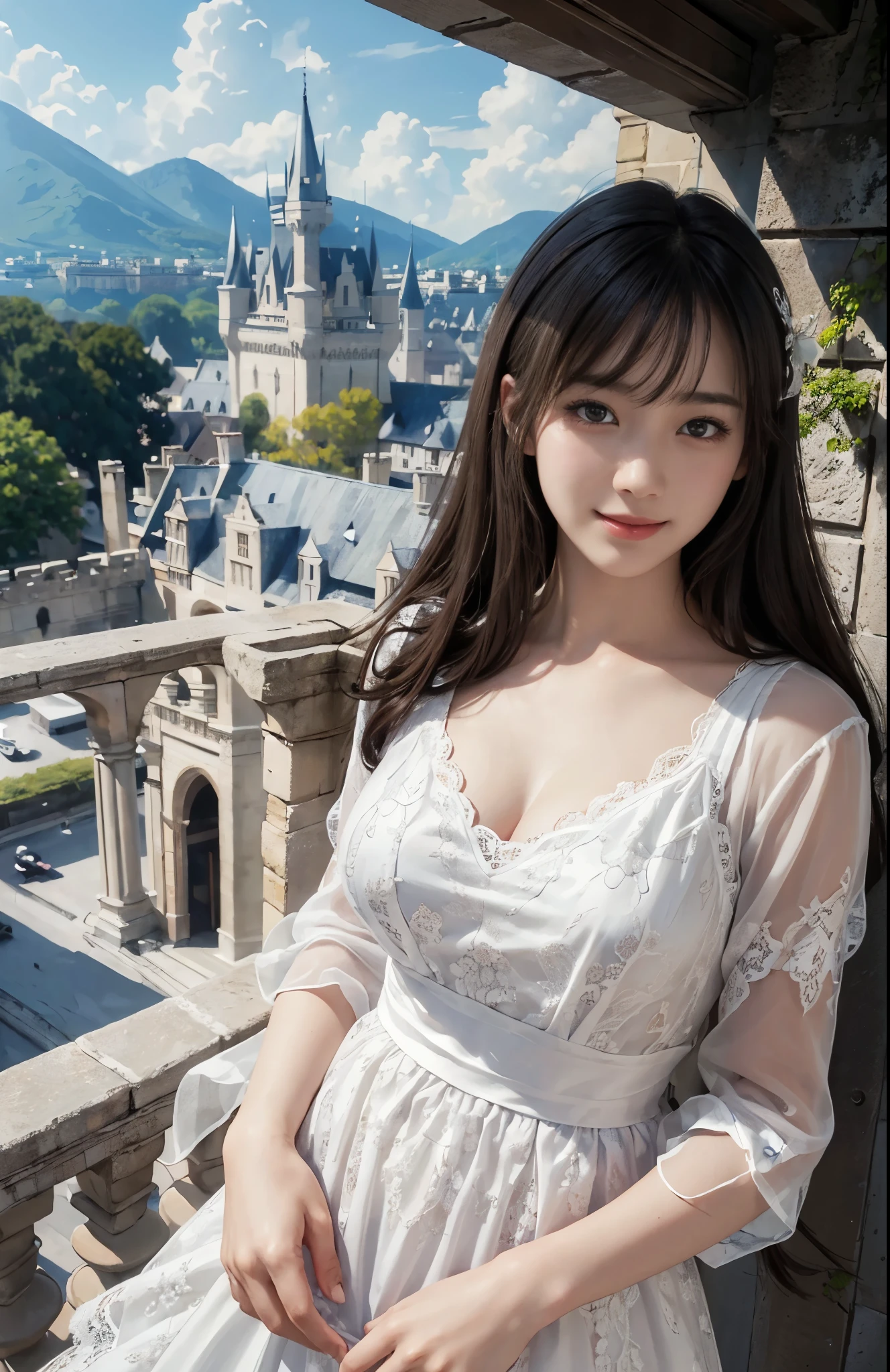 (ultra-realistic realism)、(illustration)、(A high resolution)、(8K)、(Best Illustration)、(Beautifully detailed eyes)、(top-quality)、(ultra - detailed)、(masterpiece)、(the wallpaper)、(A detailed face)、solo、looking at viewert、A detailed face、pureerosfaceace_V1、A smile、 long hair、plump breasts、46-point diagonal bangs、((White lace dress))、((Beautiful woman standing on the balcony of the castle))