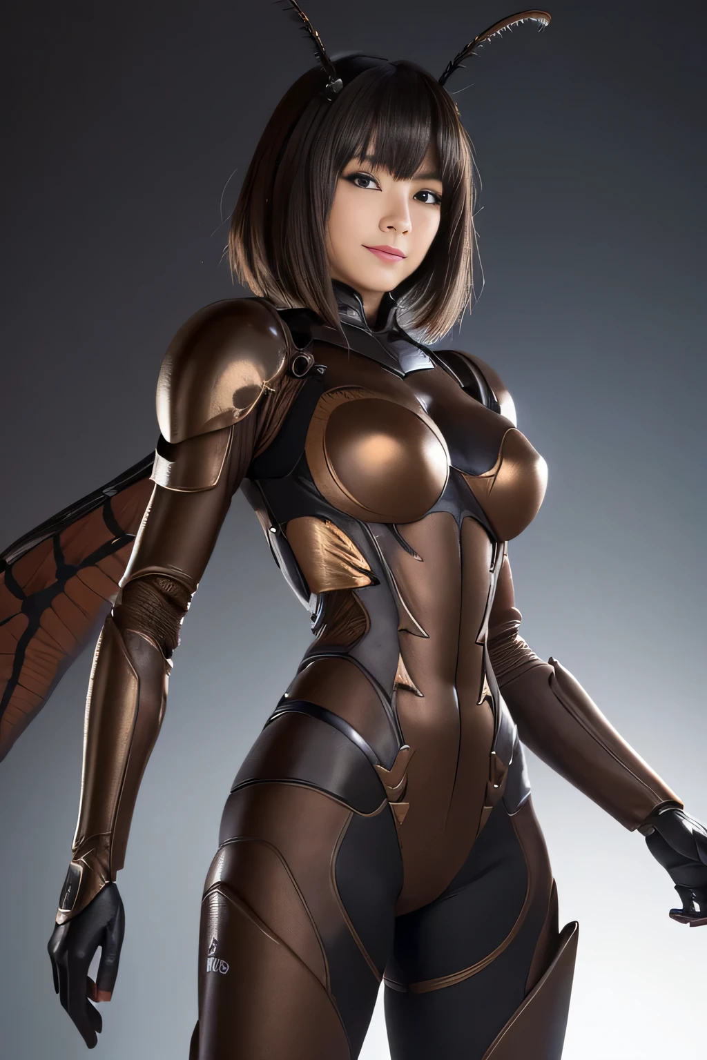 (high resolution,masterpiece,best quality,extremely detailed CG, anime, official art:1.4), realistic, photo, amazing fine details, all intricate, gloss and shiny,awesome many layers, 8k wall paper, 3d, sketch, kawaii, illustration,( solo:1.4), perfect female proportion,villainess, (fusion of dark brown cockroach and lady:1.4), (brown cockroach form lady:1.2), (brown cockroach lady:1.2), (fusion:1.2), (solo:1.4), (evil smile:1.2), muscular, abs, (cockroach brown exoskeleton bio insect suit:1.4), (cockroach brown exoskeleton bio insect armor:1.2), (brown transparency cockroach wing:1.4), (brown cockroach antennae:1.3),