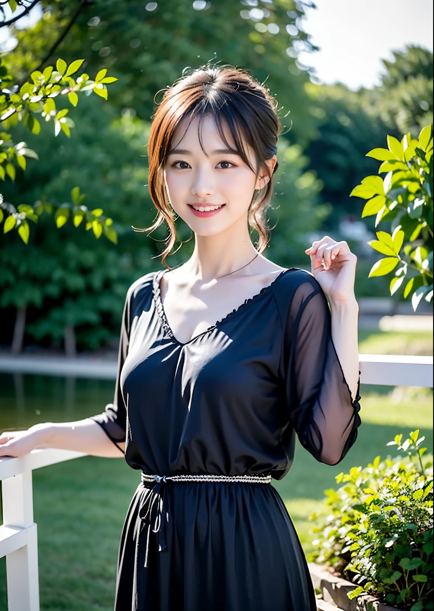 夜の深い森の中にある湖に膝まで浸かる女性のfull body photo、A woman wearing a nightdress lifts the hem with both hands to keep it from getting wet.、A small moonlight is reflected on the water surface、There are thin clouds、A woman wearing a dark blue nightdress、brown hair with bangs、smile、See here、full body photo、masterpiece、highest quality、Super detailed、official art、(((masterpiece))), (((highest quality))), ((intricate details)), ((surreal))、