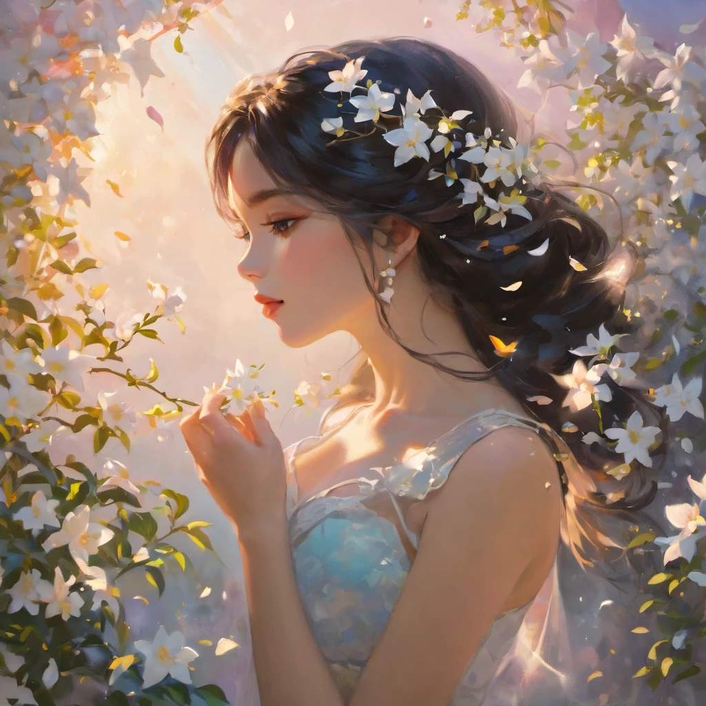 highest quality, masterpiece, surreal), Portrait of a beautiful and delicate profile girl, Playful and cute, Petals are floating in the background,beautiful jasmine flowers