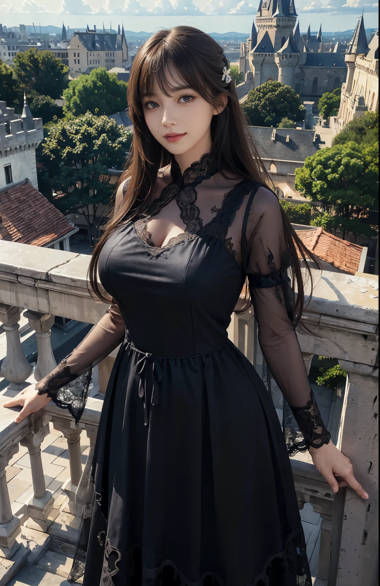 (ultra-realistic realism)、(illustration)、(A high resolution)、(8K)、(Best Illustration)、(Beautifully detailed eyes)、(top-quality)、(ultra - detailed)、(masterpiece)、(the wallpaper)、(A detailed face)、solo、looking at viewert、A detailed face、pureerosfaceace_V1、A smile、 long hair、plump breasts、46-point diagonal bangs、((Colorful lace dress))、((Beautiful woman standing on the balcony of the castle))