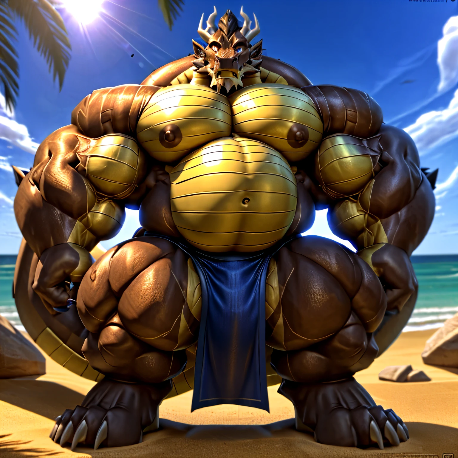 shendu, eastern dragon king, male dragon, eastern dragon,hefty body,  with very big muscles, hulking, huge, colossal body,  extremely strong, big abdominal muscles, hefty musclegut, pecs, Strong and robust musclegut , prominent muscle abs, sharp claws, legs,  feet, full body, loincloth,  HDR, nipples, sunlight, daylight, outdoor, bright , at noon,  good weather,  4k, best quality .