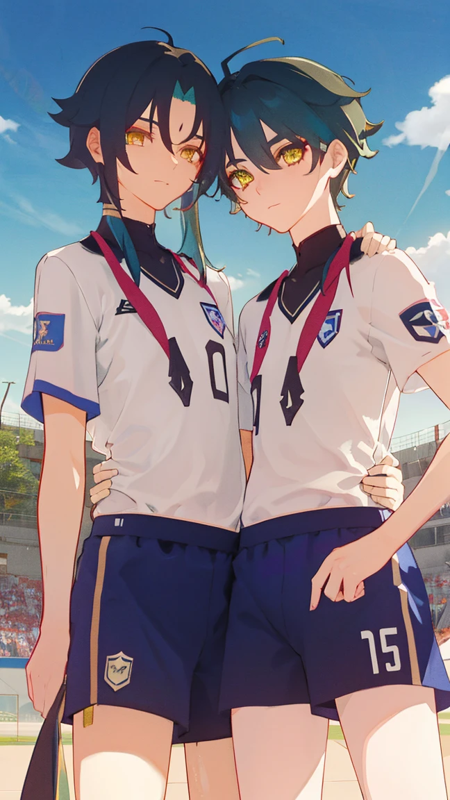 2 boys,dark green hair,highest quality,masterpiece,excessive,male focus,yellow eyes,beautiful eyes,beautiful boy,School,between men,Spouse,soccer club members,Blue soccer uniform,soccer,high school,soccer uniform,blue clothes,soccer court,teammate,same clothes,shoulder to shoulder,feminine,good friend,best image quality,