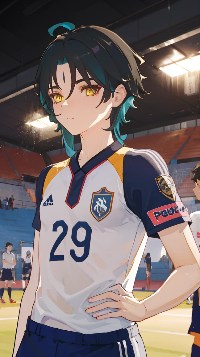 2 boys,dark green hair,highest quality,masterpiece,excessive,male focus,yellow eyes,beautiful eyes,beautiful boy,School,between men,Spouse,soccer club members,Blue soccer uniform,soccer,high school,soccer uniform,blue clothes,soccer court,teammate,same clothes,shoulder to shoulder,feminine,good friend,best image quality,