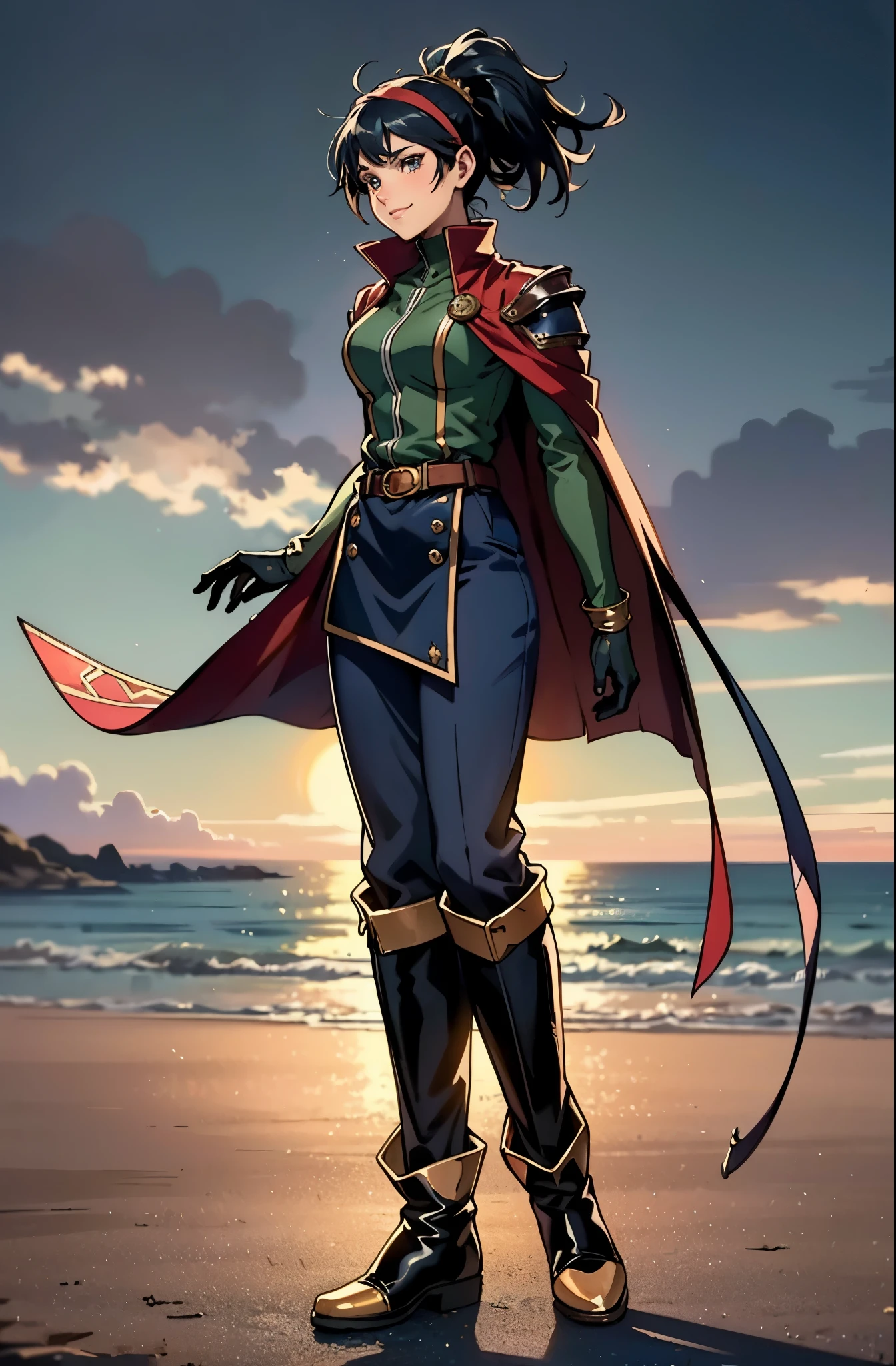 A girl with long indigo hair, a high ponytail, a headband adorned with crescent moon decorations, bright round eyes, a cheerful smile, a curious expression, a fantasy-style adventurer's coat with a short hem, houlder extensions forming a cape cloak, fabric gloves, a multifunctional belt, coarse cloth trousers, knee-high leather boots, a wilderness backdrop of Akira Toriyama's style, this character embodies a finely crafted fantasy-style adventurer in anime style, exquisite and mature manga art style, high definition, best quality, highres, ultra-detailed, ultra-fine painting, extremely delicate, professional, perfect body proportions, golden ratio, anatomically correct, symmetrical face, extremely detailed eyes and face, high quality eyes, creativity, RAW photo, UHD, 32k, Natural light, cinematic lighting, masterpiece-anatomy-perfect, masterpiece:1.5