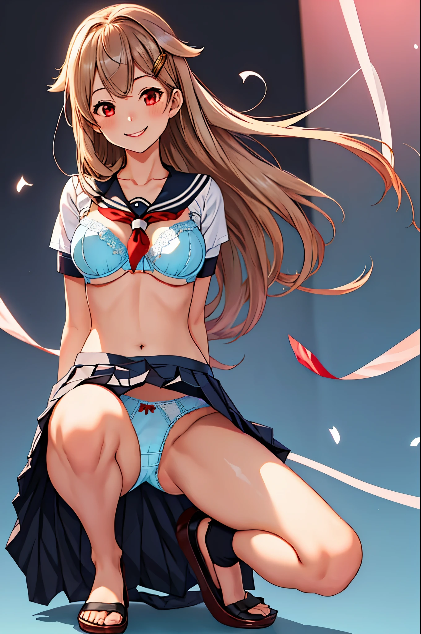 highest quality, masterpiece, High resolution, 1 girl, (murasame change two things Fleet Collection:1.15), long hair, light brown hair, red eyes, ribbon, smile, black sailor suit, pleated skirt, classroom background, slender body, full body figure, skirt lift, (panties), bra squat, (flashy underwear), ((light blue underwear))