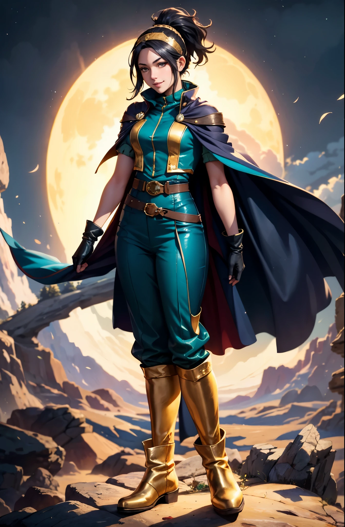 A girl with long indigo hair, a high ponytail, a headband adorned with crescent moon decorations, bright round eyes, a cheerful smile, a curious expression, a fantasy-style adventurer's coat with a short hem, houlder extensions forming a cape cloak, fabric gloves, a multifunctional belt, coarse cloth trousers, knee-high leather boots, a wilderness backdrop of Akira Toriyama's style, this character embodies a finely crafted fantasy-style adventurer in anime style, exquisite and mature manga art style, high definition, best quality, highres, ultra-detailed, ultra-fine painting, extremely delicate, professional, perfect body proportions, golden ratio, anatomically correct, symmetrical face, extremely detailed eyes and face, high quality eyes, creativity, RAW photo, UHD, 32k, Natural light, cinematic lighting, masterpiece-anatomy-perfect, masterpiece:1.5