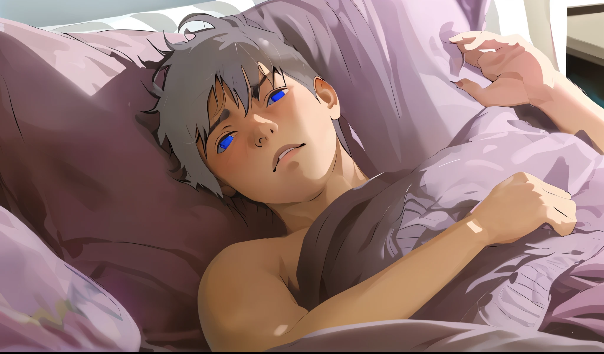 cute 16 year old boy wakes up in his bed 