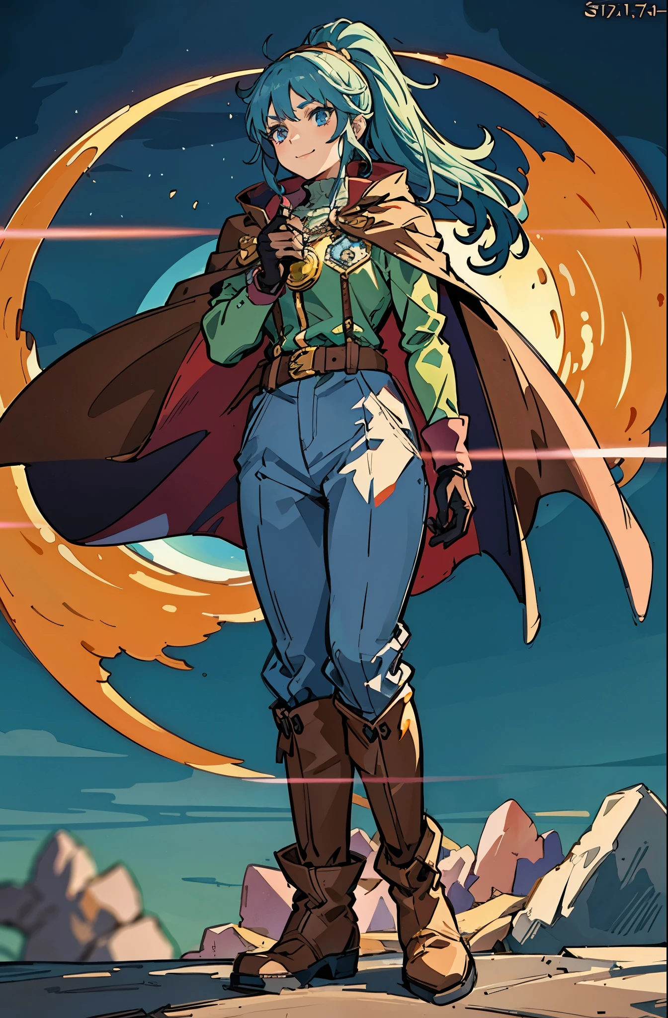 A girl with long indigo hair, a high ponytail, a headband adorned with crescent moon decorations, bright round eyes, a cheerful smile, a curious expression, a fantasy-style adventurer's coat with a short hem, houlder extensions forming a cape cloak, fabric gloves, a multifunctional belt, coarse cloth trousers, knee-high leather boots, a wilderness backdrop of Akira Toriyama's style, this character embodies a finely crafted fantasy-style adventurer in anime style, exquisite and mature manga art style, high definition, best quality, highres, ultra-detailed, ultra-fine painting, extremely delicate, professional, perfect body proportions, golden ratio, anatomically correct, symmetrical face, extremely detailed eyes and face, high quality eyes, creativity, RAW photo, UHD, 32k, Natural light, cinematic lighting, masterpiece-anatomy-perfect, masterpiece:1.5