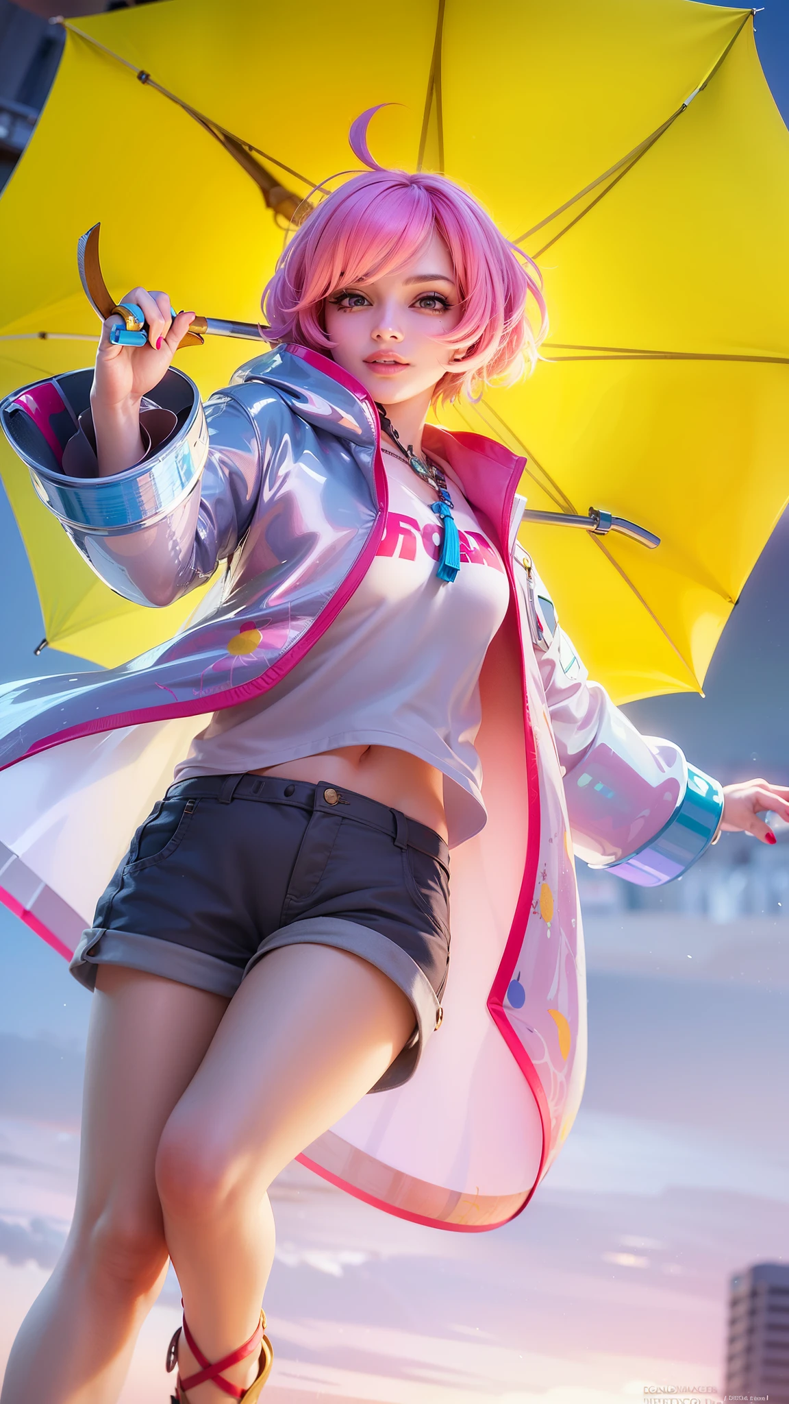 girl with pink hair holding a umbrella, red lips glossy, 8k, ultra hd, ultra detailed texture, hyper realistic, masterpiece, detailed texture, detailed face, detailed skin, detailed lighting, (photorealistic:1.5), best quality, beautiful lighting, cinematic lighting, professional lighting, ultra highres, realistic, detailed hair, real hair, high quality, (realskin:1.5), extremely detailed, finely detail, ultra-detailed, smile, red eyes.