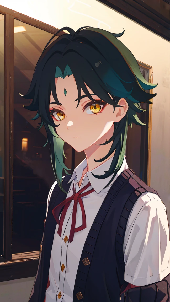 1 boy,dark green hair,highest quality,masterpiece,excessive,male focus,yellow eyes,beautiful eyes,beautiful boy,student,cutter shirt,cardigan,