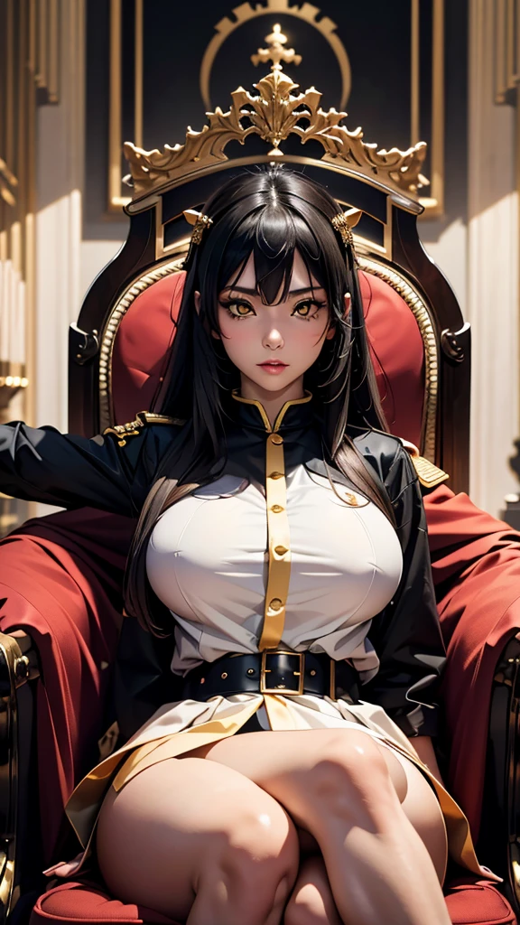 anime (mato seihei no slave), female adult , sexy (very big tits), actress (Fukuma) , yellow eyes, black skin , white long that is hip / past hip length, white female military uniform, She sits on the throne of a god on the battlefield.