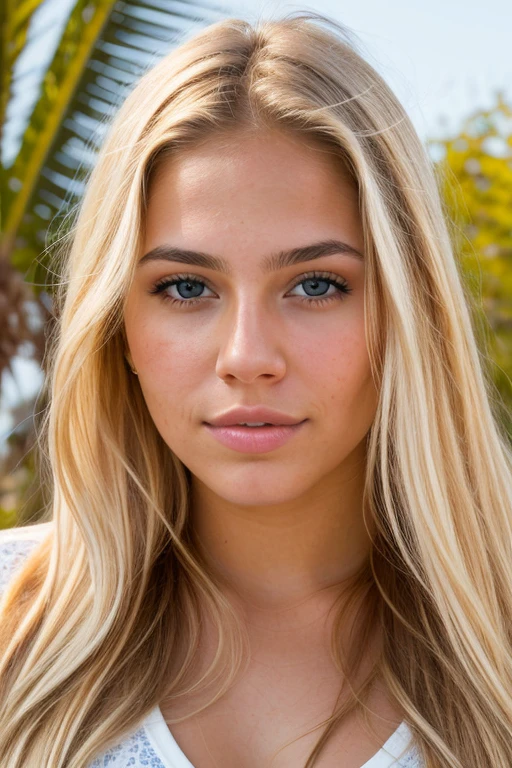 Photorealistic portrait of a young latina, 23 years old, with long flowing blond hair and striking blue eyes. She should have a natural, approachable expression and be lit by soft, golden light. The background should be a picturesque outdoor setting, such as a sunny beach. she's nudes