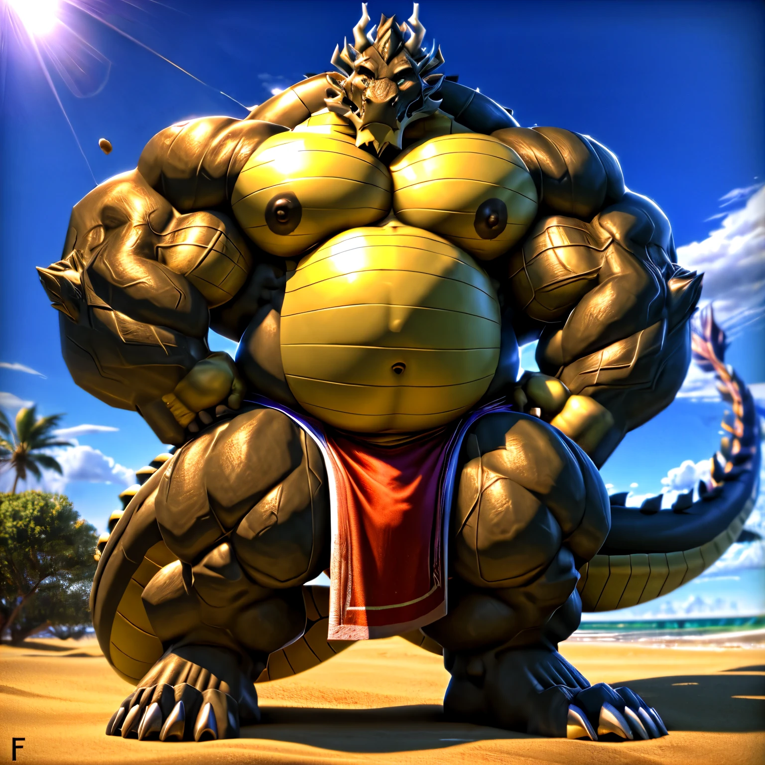 shendu, eastern dragon king, male dragon, eastern dragon,hefty body,  with very big muscles, hulking, huge, colossal body,  extremely strong, big abdominal muscles, hefty musclegut, pecs, Strong and robust musclegut , prominent muscle abs, sharp claws, legs,  feet, full body, loincloth,  HDR, nipples, sunlight, daylight, outdoor, bright , at noon,  good weather,  4k, best quality .