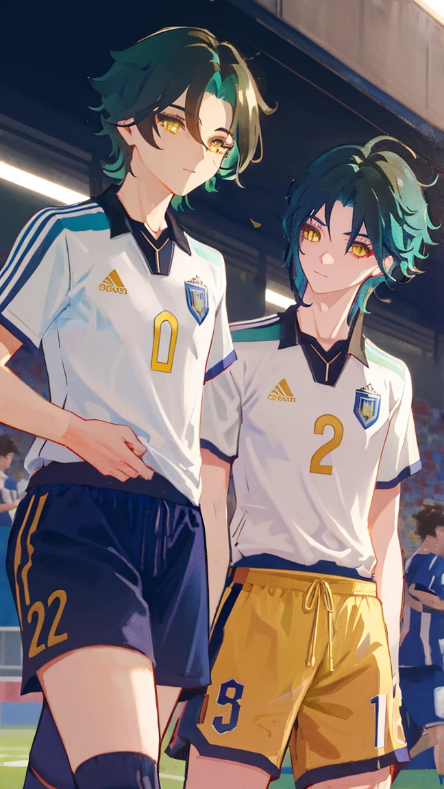 2 boys,dark green hair,highest quality,masterpiece,excessive,male focus,yellow eyes,beautiful eyes,beautiful boy,School,between men,Spouse,soccer club members,Blue soccer uniform,soccer,high school,soccer uniform,blue clothes,soccer court,teammate,same clothes,shoulder to shoulder,feminine,good friend,best image quality,