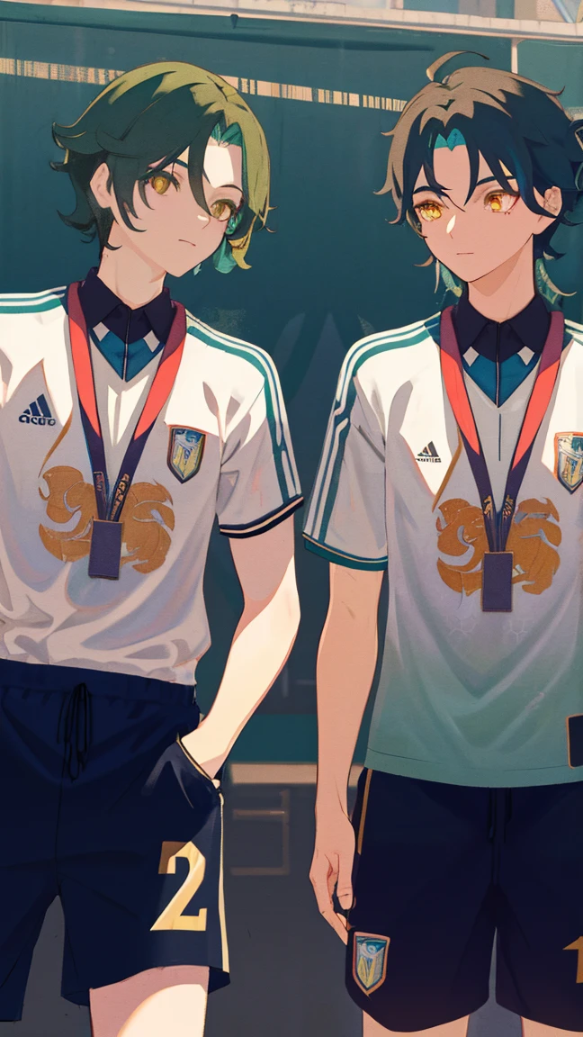 2 boys,dark green hair,highest quality,masterpiece,excessive,male focus,yellow eyes,beautiful eyes,beautiful boy,School,between men,Spouse,soccer club members,Blue soccer uniform,soccer,high school,soccer uniform,blue clothes,soccer court,teammate,same clothes,shoulder to shoulder,feminine,good friend,best image quality,