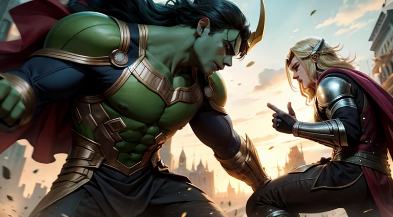 Loki com a armadura do homem de ferro e o Hulk com as roupas do Thor.