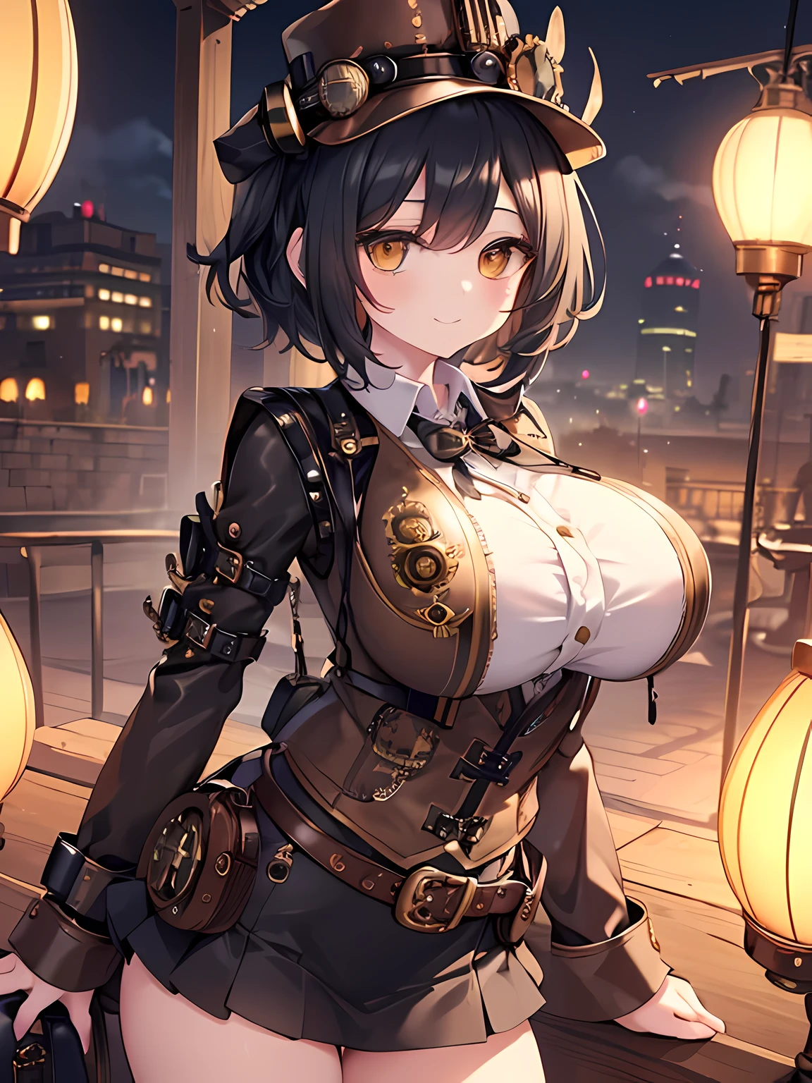 master piece,vest quality,(super detail),perfect writing, Highly detailed CG,Super detailed,(highly detailed eyes,very cute face,highly detailed face:1.3),beautiful anime girl,(solo girl),(super huge breasts:1.6),(black hair,short hair,2 side up:1.1),(big yellow eyes:1.1),(low length),jitome,(smile full of joy),open your mouth,break,(steampunk costume:1.5),(brown leather long coat,collared shirt,vest,brown newsboy cap),Leather Messenger Bag,mini skirt,(lighted lantern),(steampunk background),Night Highway,Streets of England,gaslight,cowboy shot