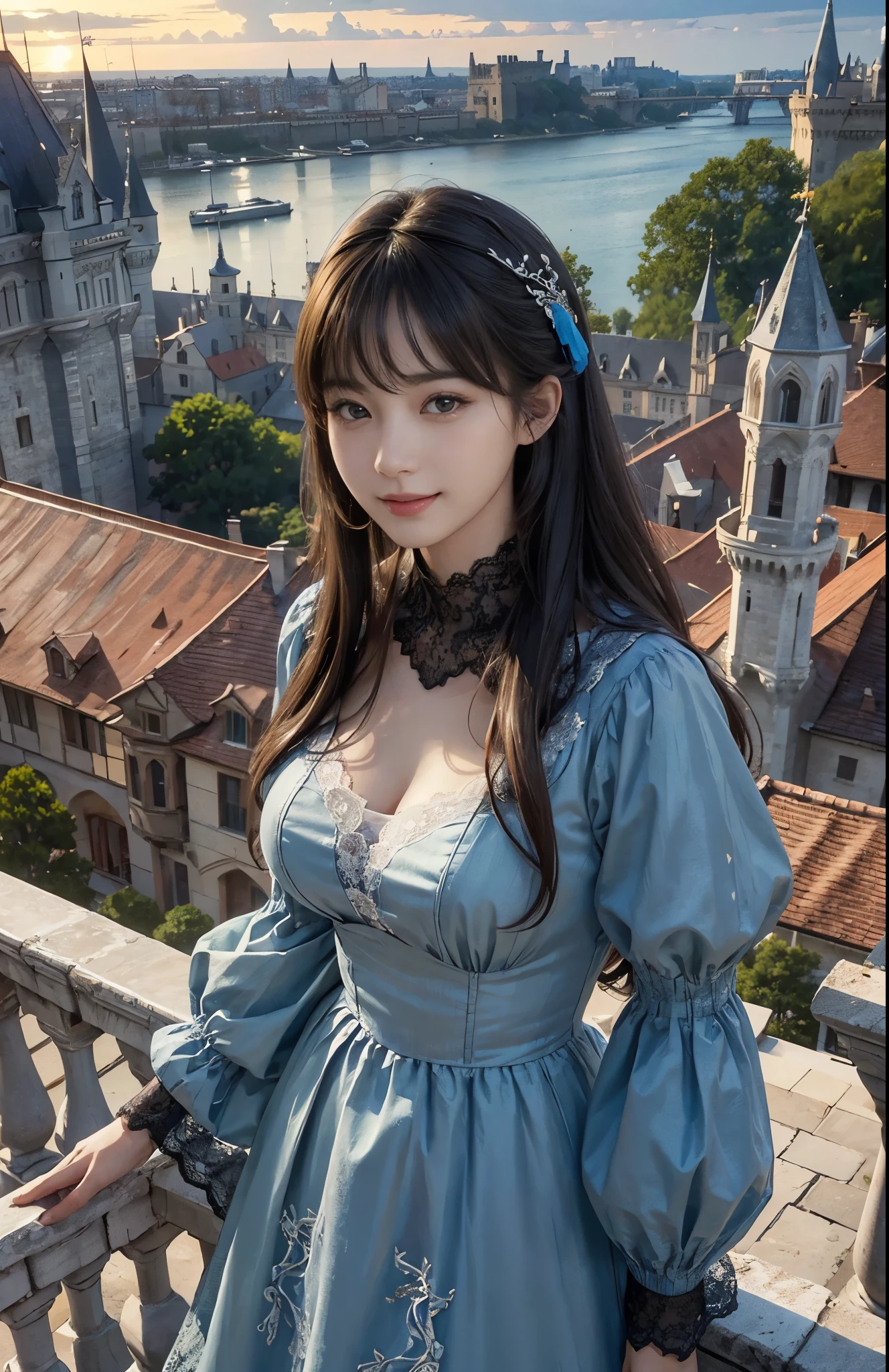 (Surrealism)、(Enlightenment)、(high resolution)、(8K)、(Best Illustration)、(The eye details are exquisite)、(top quality)、(Super detailed)、(masterpiece)、(wallpaper)、(a delicate face)、alone、looking at the audience、a delicate face、purebred face_v1、a smile、 long hair、plump breasts、46 points oblique bangs、((green lace dress))、((Beautiful woman standing on the balcony of the castle))