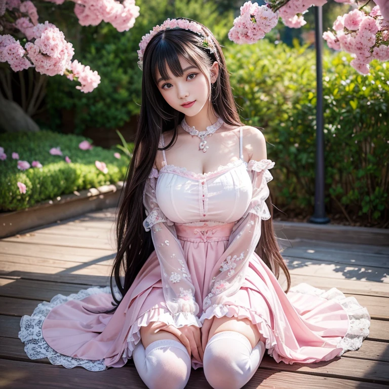 best quality, masterpiece, lifelike, 1 girl, alone, eternal, black hair, Long curly hair, blunt bangs, Smile, pink skirt, pink lolita dress, layered skirt, Lolita style long skirt,分層連衣裙 lace-trimmed 裙子, decorate, lace, long sleeve, puff sleeves, wide sleeves, Transparent sleeves, hair accessories, 在flower园里, flower, Detailed background,  delicate face，pink blush，White knee-length socks, Pink shoes，cold，Lots of lace，((​masterpiece))、(top quality)、8K、high detail、super detailed、 21 years old female，穿着pink lolita dress((dreamy atmosphere:1.1))、Seductive and whimsical style、​masterpiece、born、Scenes resembling fairy tale illustrations、Intricate details showcase the ruffles and intricate designs of the Lolita dress、beautifully、magic、capricious、 beautifully、Dream aesthetics、「𝓡𝓸𝓶𝓪𝓷𝓽𝓲𝓬、ethereal、charming、fickle、magic」、realism、Visual effects、FXAA、SSAO、shader、voiceless、environmental lighting、Tone mapping、High resolution、ultra high definition、megapixel、(8K resolution:1.10)、8K、Below 8K、8K resolution、high detail、intricate details、A look of surprise and awe on her face、 (high quality:1.2、​masterpiece:1.2、:1.21)、(21 years old female:1.21)、(興奮地Smile)、(Surrounded by the dreamy atmosphere of an amusement par色洛丽塔连衣裙、Her eyes were full of surprise and joy、I took a lot of geek photos、、High heel、Model diagram，full-body shot，Knee-high 白色的 lace socks,Sweet Lolita，Normal 2 feet，Pink shoes，Baotou shoes，full-body shot，baby star dress，have，Don't show your fingers，cold，Emphasize the volume of the skirt，exposed，Huge breasts，white underwear,The skirt flew up，Spread your legs，low cut，Expose panties