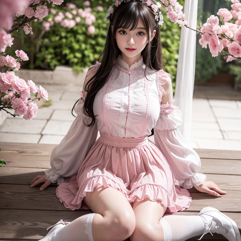 best quality, masterpiece, lifelike, 1 girl, alone, eternal, black hair, Long curly hair, blunt bangs, Smile, pink skirt, pink lolita dress, layered skirt, Lolita style long skirt,分層連衣裙 lace-trimmed 裙子, decorate, lace, long sleeve, puff sleeves, wide sleeves, Transparent sleeves, hair accessories, 在flower园里, flower, Detailed background, delicate face,pink blush,White knee-length socks, Pink shoes,cold,Lots of lace,((masterpiece))、(top quality)、8K、high detail、super detailed、 21 years old female,穿着pink lolita dress((dreamy atmosphere:1.1))、Seductive and whimsical style、masterpiece、born、Scenes resembling fairy tale illustrations、Intricate details showcase the ruffles and intricate designs of the Lolita dress、beautifully、magic、capricious、 beautifully、Dream aesthetics、「𝓡𝓸𝓶𝓪𝓷𝓽𝓲𝓬、ethereal、charming、fickle、magic」、realism、Visual effects、FXAA、SSAO、shader、voiceless、environmental lighting、Tone mapping、High resolution、ultra high definition、megapixel、(8K resolution:1.10)、8K、Below 8K、8K resolution、high detail、intricate details、A look of surprise and awe on her face、 (high quality:1.2、masterpiece:1.2、:1.21)、(21 years old female:1.21)、(興奮地Smile)、(Surrounded by the dreamy atmosphere of an amusement par色洛丽塔连衣裙、Her eyes were full of surprise and joy、I took a lot of geek photos、、High heel、Model diagram,full-body shot,Knee-high 白色的 lace socks,Sweet Lolita,Normal 2 feet,Pink shoes,Baotou shoes,full-body shot,baby star dress,have,Don't show your fingers,cold,Emphasize the volume of the skirt,exposed,Huge breasts,white underwear,The skirt flew up,Spread your legs,low cut,Expose panties