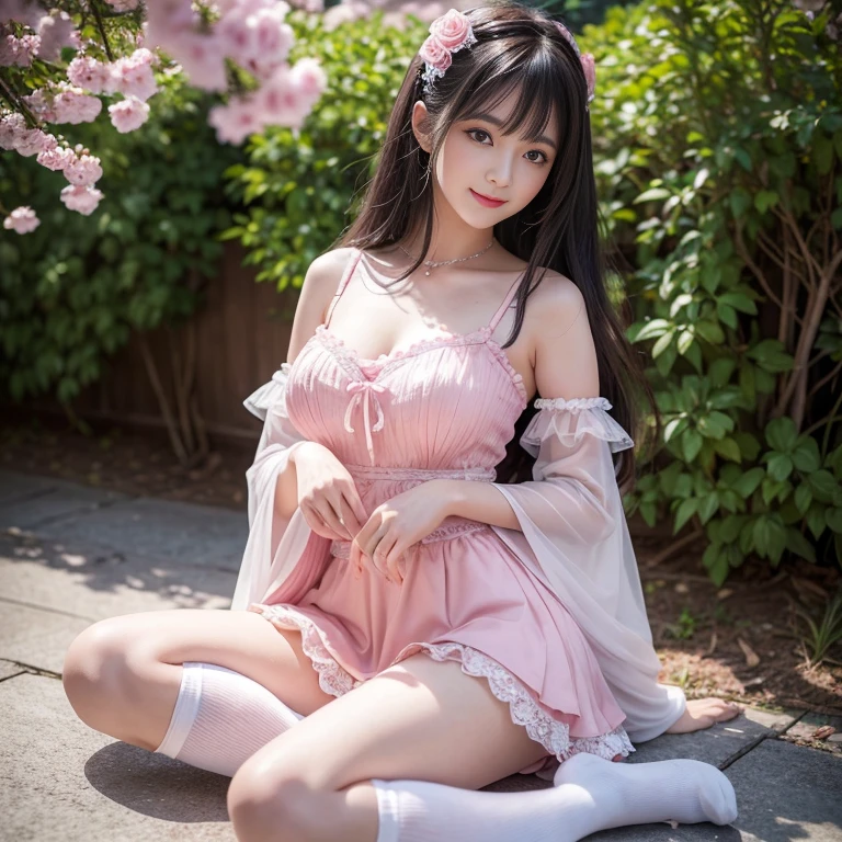 best quality, masterpiece, lifelike, 1 girl, alone, eternal, black hair, Long curly hair, blunt bangs, Smile, pink skirt, pink lolita dress, layered skirt, Lolita style long skirt,分層連衣裙 lace-trimmed 裙子, decorate, lace, long sleeve, puff sleeves, wide sleeves, Transparent sleeves, hair accessories, 在flower园里, flower, Detailed background, delicate face,pink blush,White knee-length socks, Pink shoes,cold,Lots of lace,((masterpiece))、(top quality)、8K、high detail、super detailed、 21 years old female,穿着pink lolita dress((dreamy atmosphere:1.1))、Seductive and whimsical style、masterpiece、born、Scenes resembling fairy tale illustrations、Intricate details showcase the ruffles and intricate designs of the Lolita dress、beautifully、magic、capricious、 beautifully、Dream aesthetics、「𝓡𝓸𝓶𝓪𝓷𝓽𝓲𝓬、ethereal、charming、fickle、magic」、realism、Visual effects、FXAA、SSAO、shader、voiceless、environmental lighting、Tone mapping、High resolution、ultra high definition、megapixel、(8K resolution:1.10)、8K、Below 8K、8K resolution、high detail、intricate details、A look of surprise and awe on her face、 (high quality:1.2、masterpiece:1.2、:1.21)、(21 years old female:1.21)、(興奮地Smile)、(Surrounded by the dreamy atmosphere of an amusement par色洛丽塔连衣裙、Her eyes were full of surprise and joy、I took a lot of geek photos、、High heel、Model diagram,full-body shot,Knee-high 白色的 lace socks,Sweet Lolita,Normal 2 feet,Pink shoes,Baotou shoes,full-body shot,baby star dress,have,Don't show your fingers,cold,Emphasize the volume of the skirt,exposed,Huge breasts,white underwear,The skirt flew up,Spread your legs,low cut,Expose panties