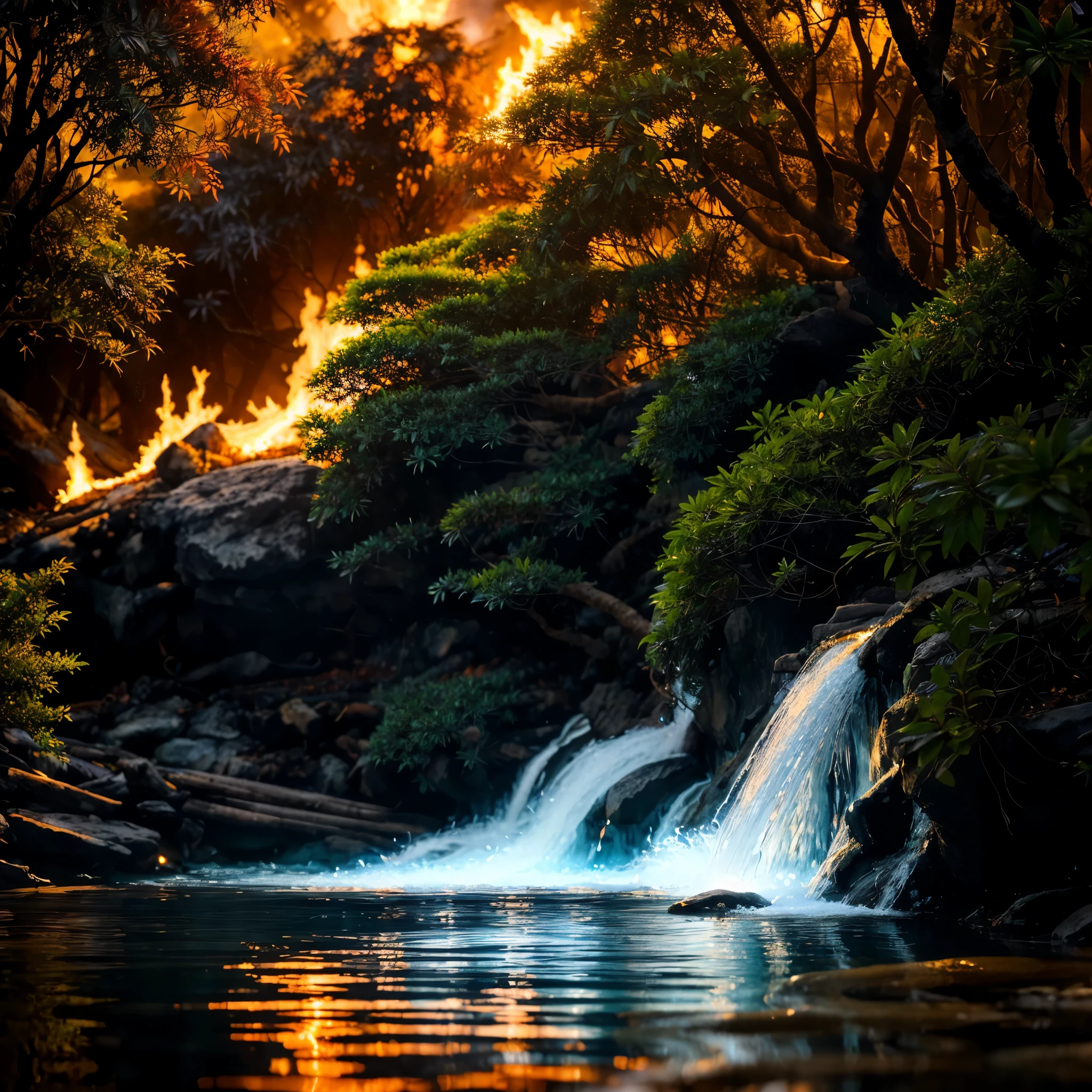 water flowing in air resembling the shape of tiger, Clear Transparent, Realistic, majestic shot, Detailed, (Best Quality), High resolution art,4k, masterpiece, Shot Closeup, burning fire Forest Background, Flame Trees, Intricate Details